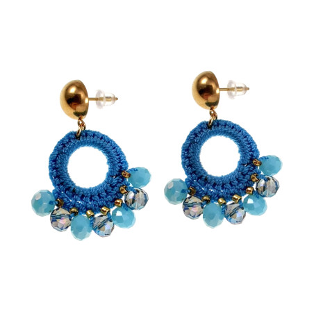 Goudkleurig RVS Oorstekers met Kristallen en Blauwe Crochet - Dames