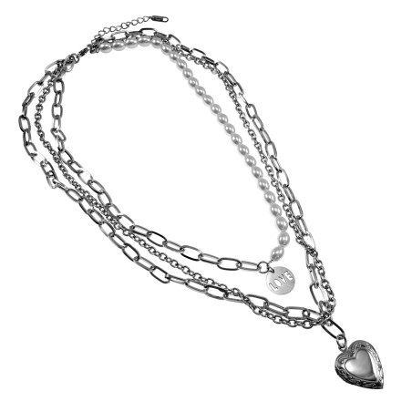 RVS Ketting met Parels, LOVE Hanger en Hart voor Fotos - 45cm tot 50cm