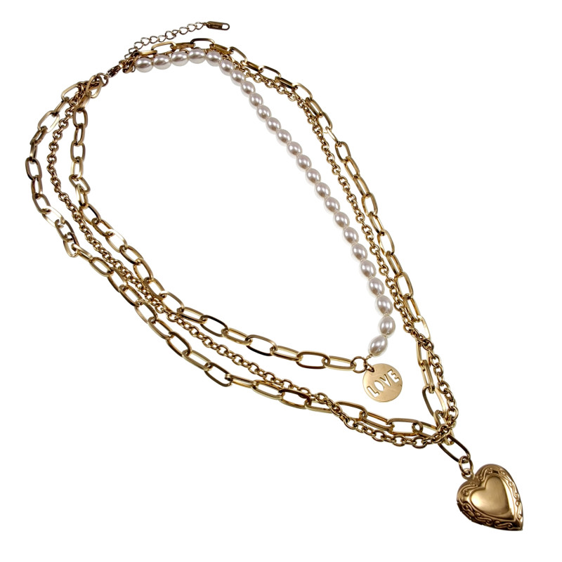 Dames Vergulde RVS Ketting met Parels, LOVE Hanger en Hart voor Fotos