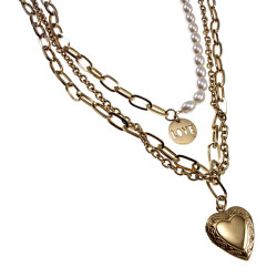 Dames Vergulde RVS Ketting met Parels, LOVE Hanger en Hart voor Fotos