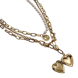Dames Vergulde RVS Ketting met Parels, LOVE Hanger en Hart voor Fotos