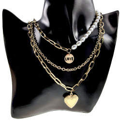 Dames Vergulde RVS Ketting met Parels, LOVE Hanger en Hart voor Fotos