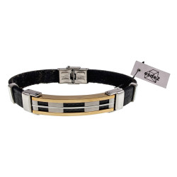 Armband Leer en Bicolor Staal met Zwarte Details - Polslengte 19 cm