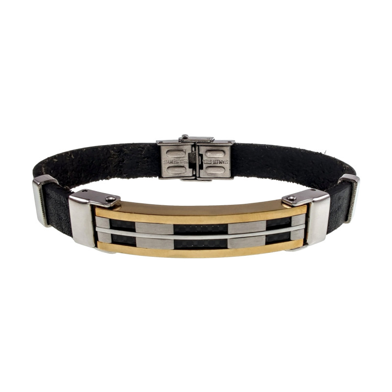 Armband Leer en Bicolor Staal met Zwarte Details - Polslengte 19 cm