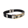 Armband Leer en Bicolor Staal met Zwarte Details - Polslengte 19 cm