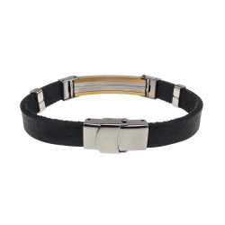 Armband Leer en Bicolor Staal met Zwarte Details - Polslengte 19 cm