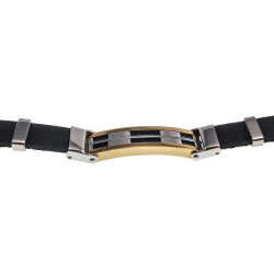 Armband Leer en Bicolor Staal met Zwarte Details - Polslengte 19 cm