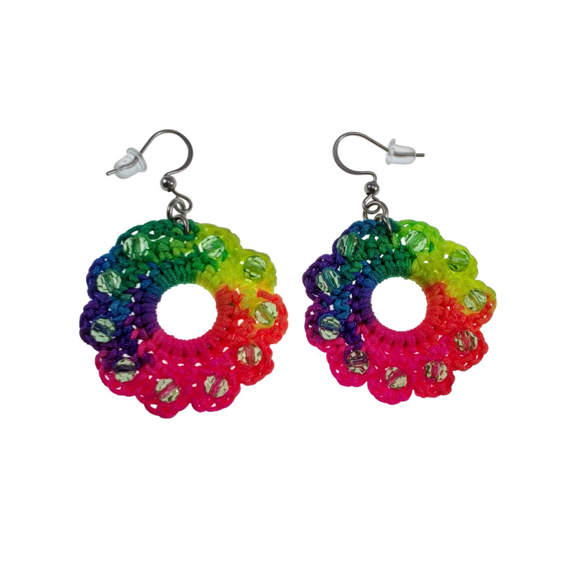 Regenboog Oorbellen met Kristallen en Crochet Details - Zilverkleur RVS
