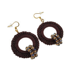 Lange Oorbellen Donkerbruin Crochet Goudkleur RVS - Handgemaakt esde2