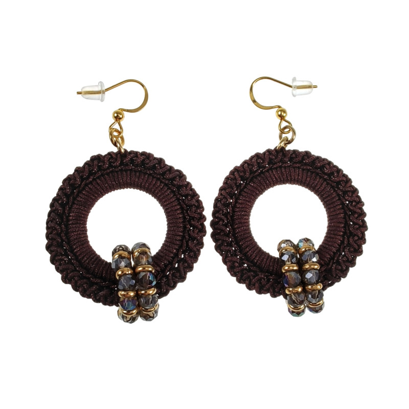 Lange Oorbellen Donkerbruin Crochet Goudkleur RVS - Handgemaakt esde2