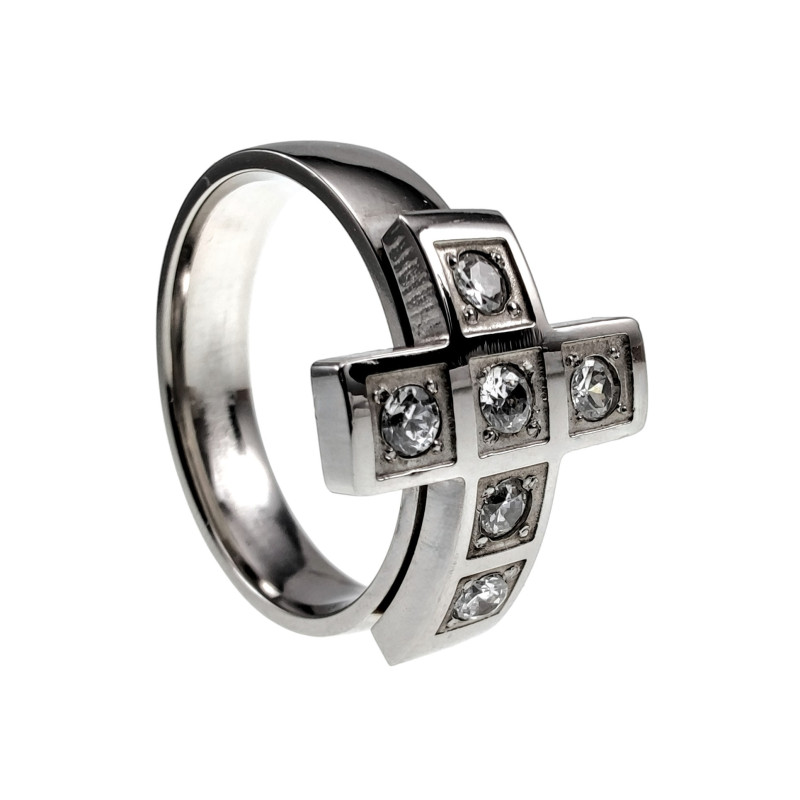 Gepolijst RVS - Stijlvolle Dames Ring met Kruis en Zirkonia Stenen