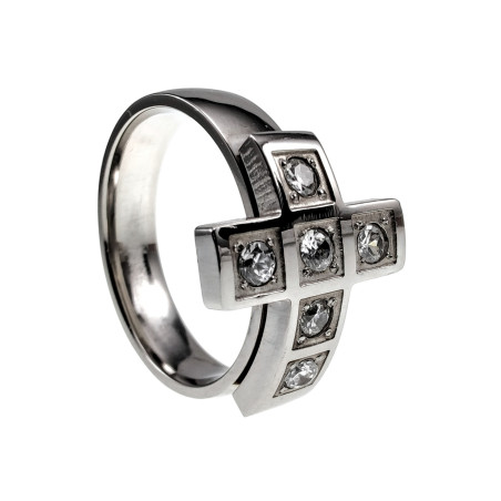 Gepolijst RVS - Stijlvolle Dames Ring met Kruis en Zirkonia Stenen