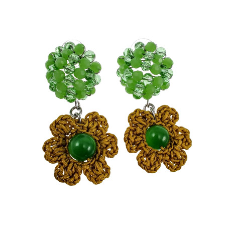 RVS Oorbellen met Groen Kristal en Gehaakte Bloem - Lengte 53 mm