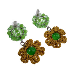 RVS Oorbellen met Groen Kristal en Gehaakte Bloem - Lengte 53 mm