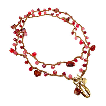 Damesketting met Agaatsteen en Rode kristallen en Goudkleurig RVS