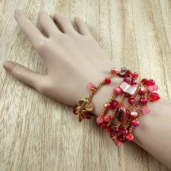 Damesketting met Agaatsteen en Rode kristallen en Goudkleurig RVS