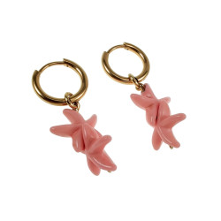 Vergulde RVS Oorringen met Roze Zeester Hanger - Lengte 35mm - ∅14mm