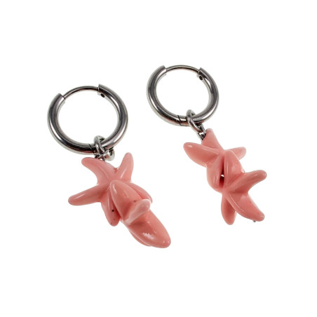 Gepolijst RVS Oorringen met Roze Zeester Hanger - Lengte 35mm - ∅14mm