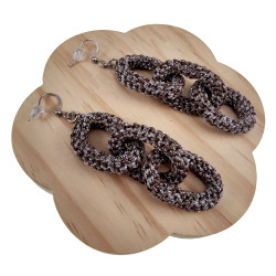 Dames RVS Haakoorbellen met Gehaakte Schakels Bruin-Wit Lente 90 mm