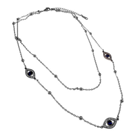 Dubbele Damesketting met Blauwe Boze Oog - RVS - Verstelbaar 40-45 cm