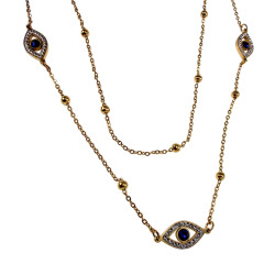 Dubbele Damesketting met Blauwe Boze Oog - Verguld RVS - 40-45 cm