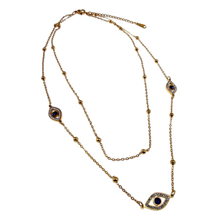 Dubbele Damesketting met Blauwe Boze Oog - Verguld RVS - 40-45 cm