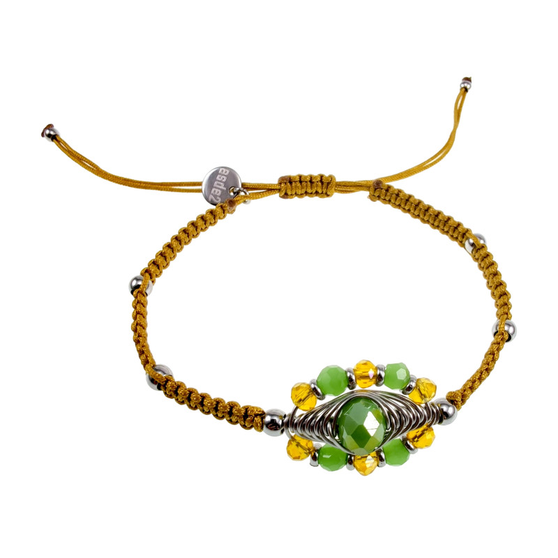Macramé Armband met Groene Kristallen en Amberkleurig Koord