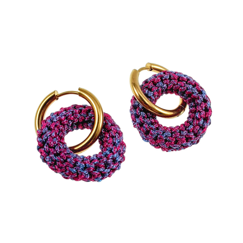 ∅19mm Vergulde RVS Oorringen met Gehaakte Ronde Hanger Roze en Paars