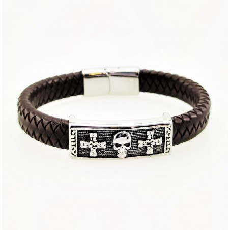 Gevlochten Donkerbruin Leren Armband met Schedel en Kruisen