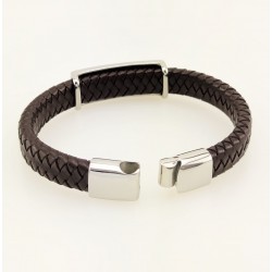 Gevlochten Donkerbruin Leren Armband met Schedel en Kruisen