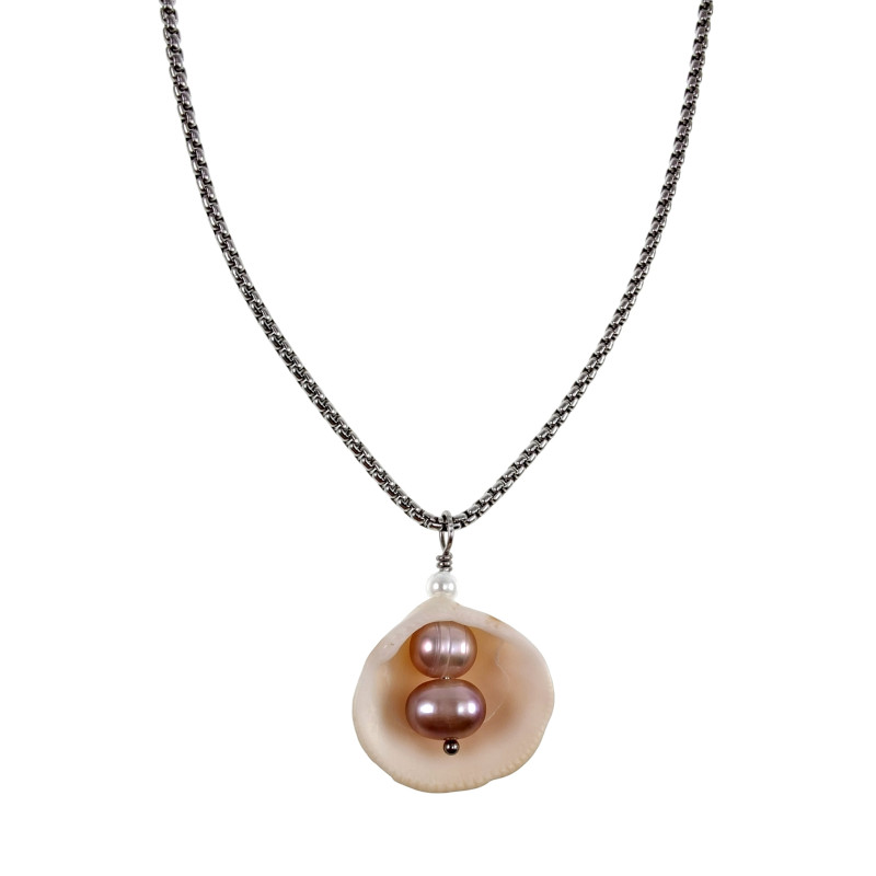 RVS Jasseron-Ketting + Hanger met Natuurlijke Schelp en Zoetwaterparels