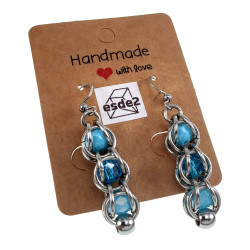 Lange Oorbellen Dames RVS Haakoorbellen met Drie Turquoise Kristalen