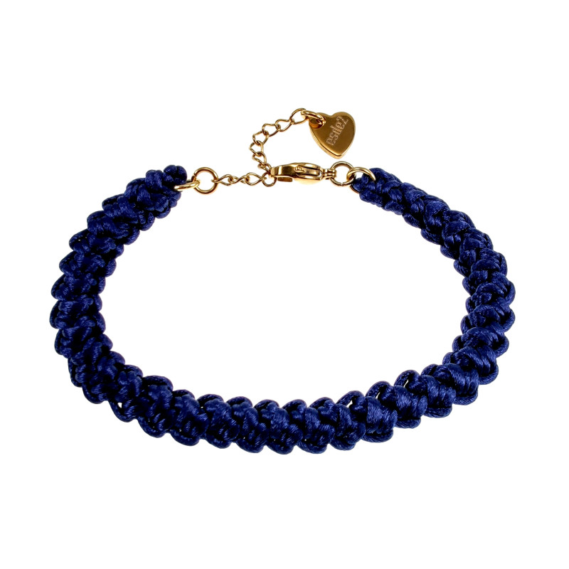 Gehaakte Damesarmband van Donkerblauwe Zijdeachtig Koord - Verguld RVS