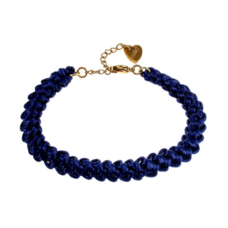Gehaakte Damesarmband van Donkerblauwe Zijdeachtig Koord - Verguld RVS