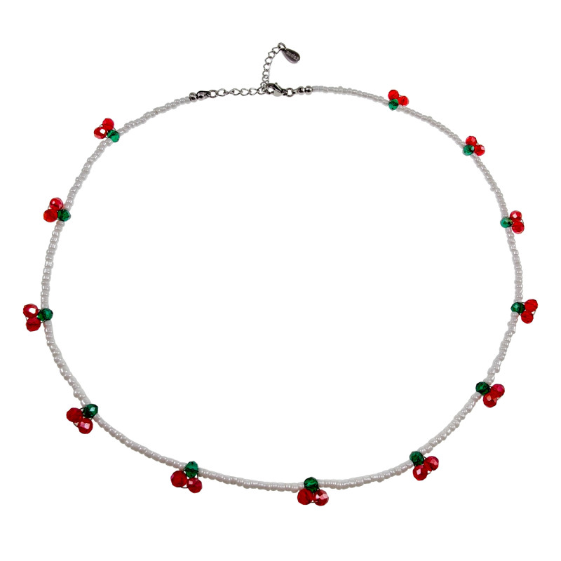 Witte Dames Kralenketting met Kersen van Tsjechische Kristallen - RVS