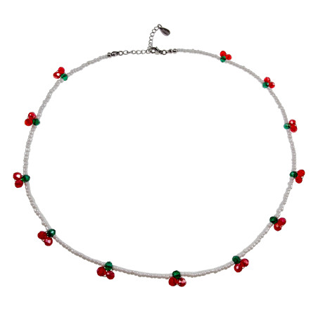 Witte Dames Kralenketting met Kersen van Tsjechische Kristallen - RVS