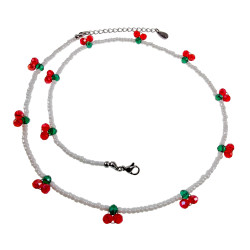 Witte Dames Kralenketting met Kersen van Tsjechische Kristallen - RVS