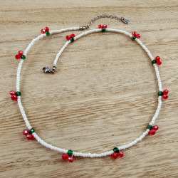 Witte Dames Kralenketting met Kersen van Tsjechische Kristallen - RVS