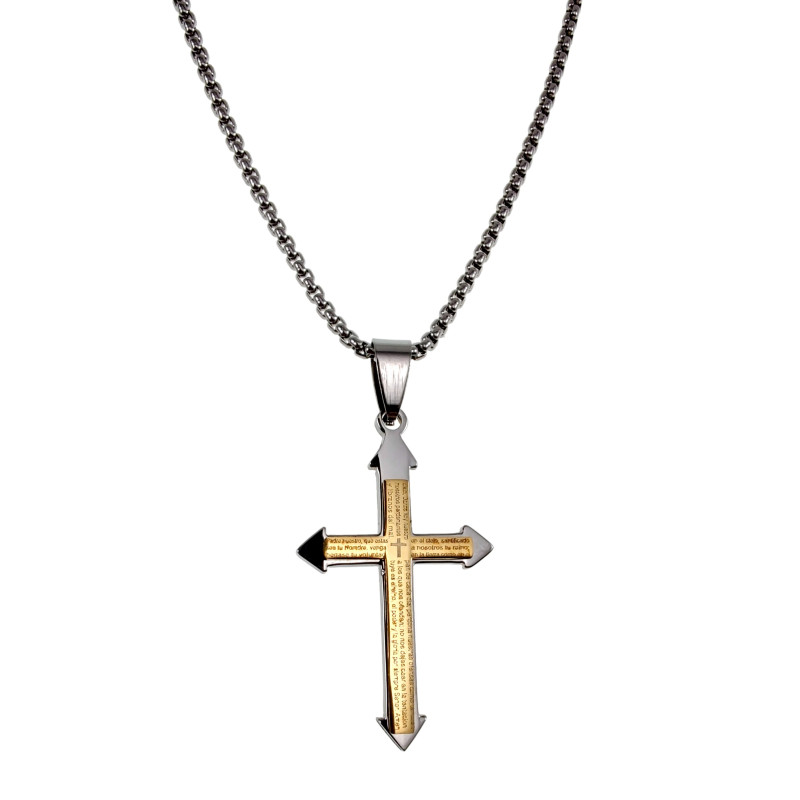 RVS Jasseron Ketting + Bicolor Kruishanger en Onze Vader Gebed