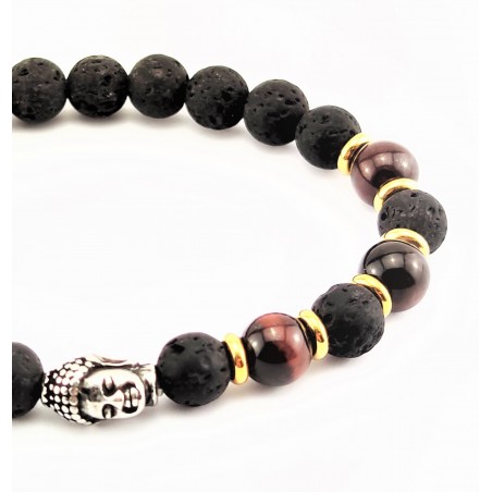 Natuurlijke Lava en Bruine Tijgeroog Armband met Boeddha