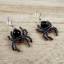 Spin Oorbellen met Obsidiaansteen en Antracietzwart Rocailles - RVS