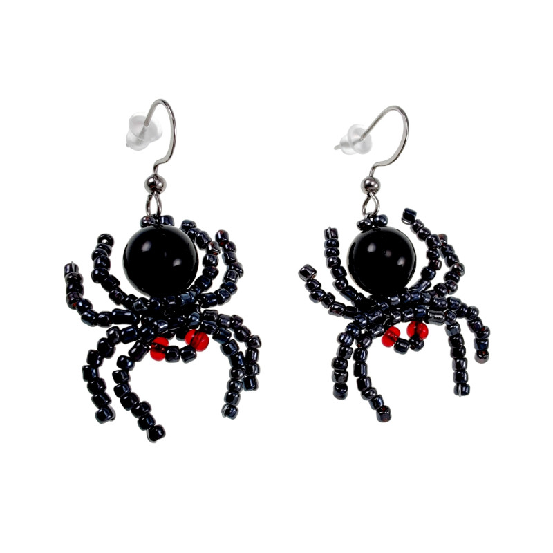Spin Oorbellen met Obsidiaansteen en Antracietzwart Rocailles - RVS
