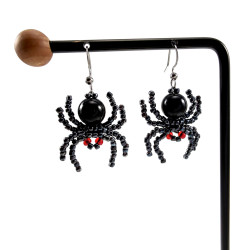 Spin Oorbellen met Obsidiaansteen en Antracietzwart Rocailles - RVS