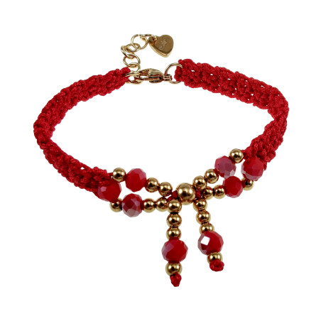 Gehaakte Armband met Rode Kristallen - Verguld RVS -  15 tot 18 cm