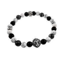 Elastische Armband met RVS Leeuwenkop en Larvikiet, Howliet en Onyx