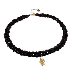 Gehaakte Zwarte Choker met Fatima Hand - Verguld RVS - 40-45 cm