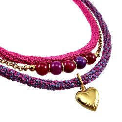 Exclusieve Drie Lagen Ketting , Fuchsia-Paars Crochet en Natuursteen