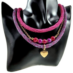 Exclusieve Drie Lagen Ketting , Fuchsia-Paars Crochet en Natuursteen