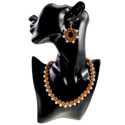 Dames Amberkleurig Gehaakt Ketting met Witte Parels Goudkleurige RVS
