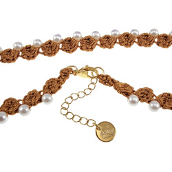 Dames Amberkleurig Gehaakt Ketting met Witte Parels Goudkleurige RVS